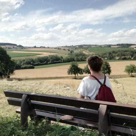 Bitburger LandGang "Im Kannenbachtal" - Wanderer auf der Ruhebank, © Tourist-Information Bitburger Land